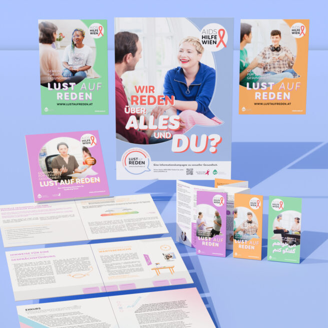 Zusammenstellung verschiedener Poster, Broschüren und Folder für die Aids Hilfe Wien